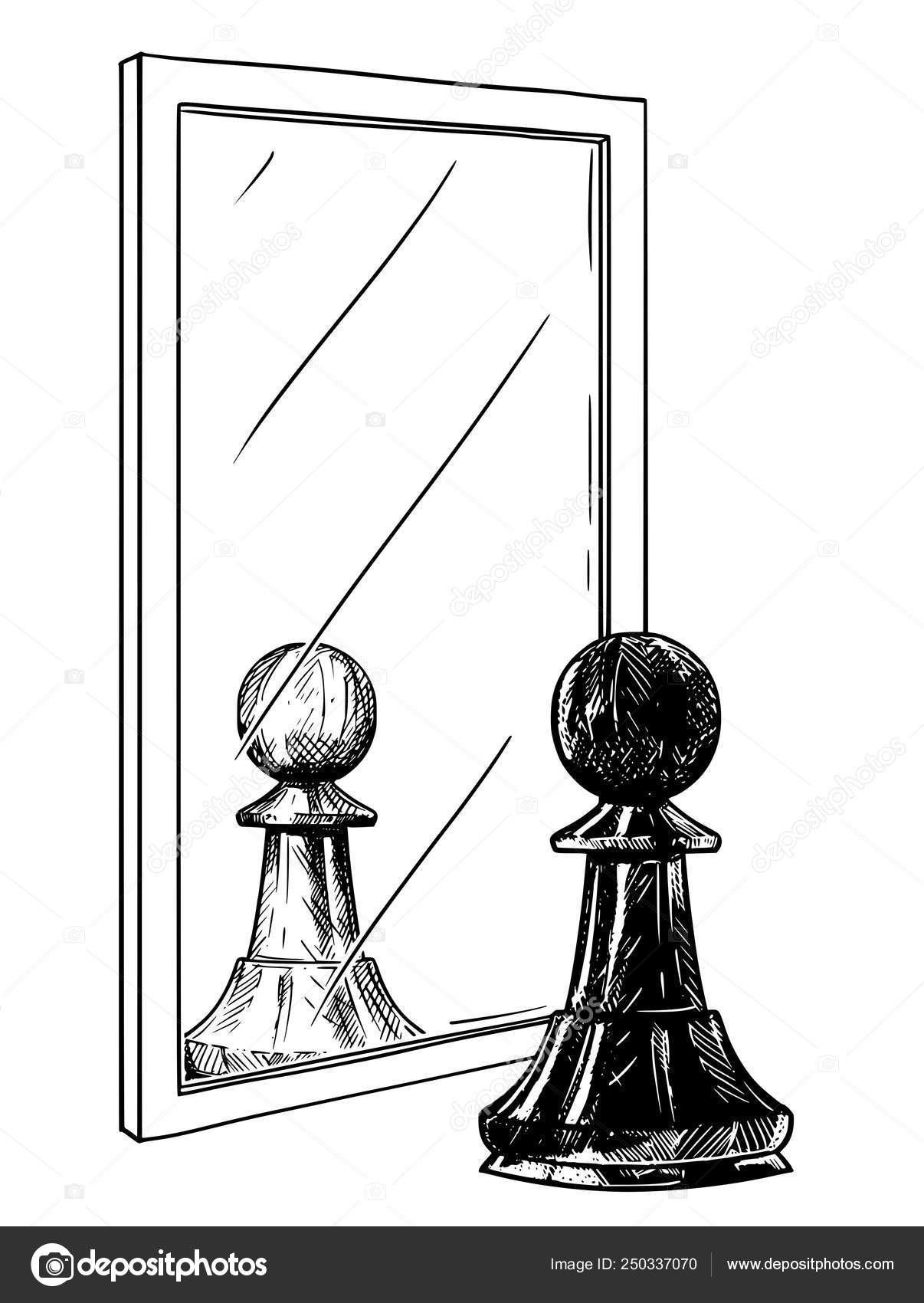Desenho de Desenhos Animados de Peão de Xadrez Negro Refletindo no Espelho  como Metáfora Branca, Boa e Má imagem vetorial de ursus@zdeneksasek.com©  250337070